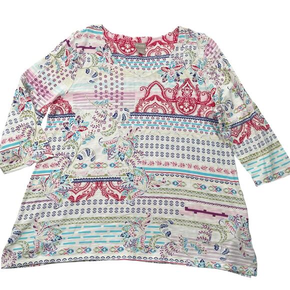 Chicos Top Womens 2 / US Large Multicolor Printed V-neck Relaxed 3/4 Sleeve - Picture 14 of 15